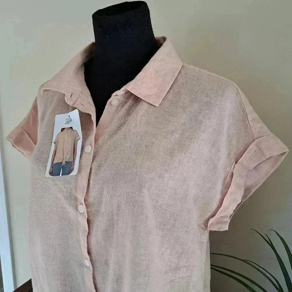 NWT Jachs Girlfriend Short Sleeved Linen Blend Blouse Small Pink Lightweight Top - Picture 5 of 14